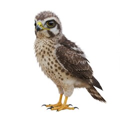 Fototapeta premium A realistic 3D rendering of a baby hawk looking at the camera on a white background with a playful and curious mood