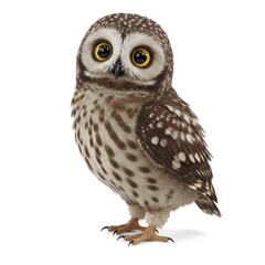 Fototapeta premium A realistic 3D rendering of a baby owl looking at the camera on a white background with a playful and curious mood