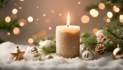 beautiful candle on christmas background with fir tree branches, garland and beautiful bokeh