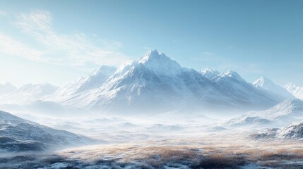 Obraz premium Majestic snow-covered mountains with misty valley view