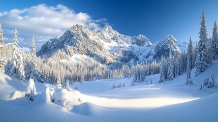 Snow-covered mountains and pine forest in winter wonderland