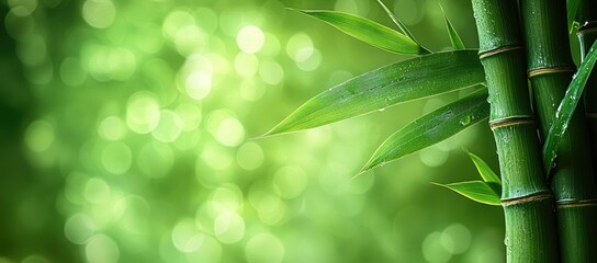 Fototapeta premium A serene bamboo forest with soft green hues and blurred background.