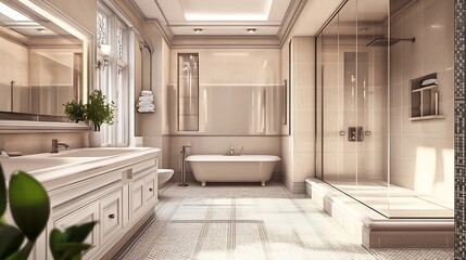 Luxury Beige Bathroom Interior Design. Concept of Elegance and Modern Classic Style.