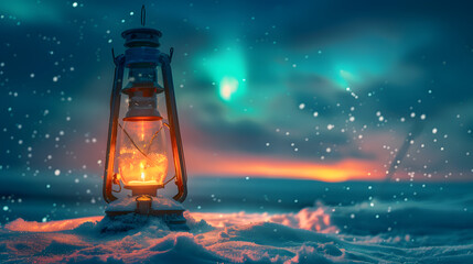 candle lantern / lamp in deep snowy landscape.