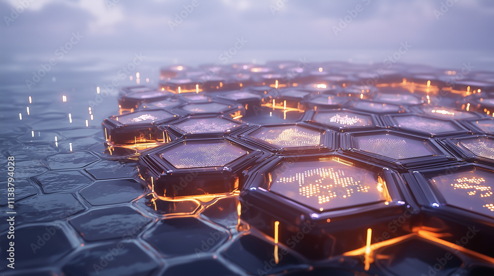 Poster a digital rendering of a futuristic cityscape composed of illuminated hexagonal structures. the hexa