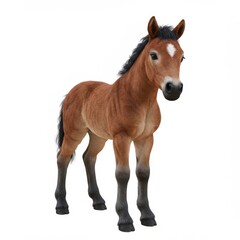 Obraz premium A realistic 3D rendering of a brown baby horse looking at the camera on a white background with a playful and curious mood
