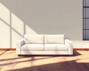 Cozy white living room with a sofa mock-up shown from the front view, the wall serves as the backdrop with natural light and shadows, and a rich wooden floor completes the setting