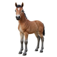 Fototapeta premium A realistic 3D rendering of a brown baby horse looking at the camera on a white background with a playful and curious mood