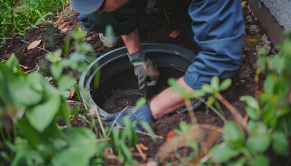 working plumber opens a sewer hatch. Maintenance of septic tanks and water wells