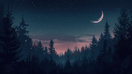 Fototapeta premium Night forest scene with crescent moon and starry sky.