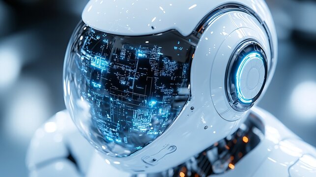 Digital Globe-like Robotic Head with Circuitry Reflections in Futuristic Setting