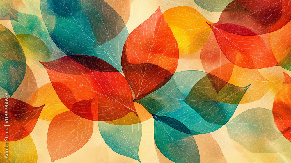 Poster colorful leaves in warm tones create an autumn-inspired pattern on a soft background