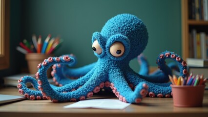 Cute Knit Blue Octopus Working At A Desk Overworked Management Multitasking