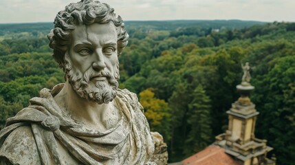 Obraz premium Ksiaz, Poland -16 october 2024: stone statue in Roman style from the 19th century at Ksiaz Castle, Poland