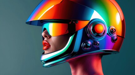 Futuristic being showcases vibrant helmet and sleek sunglasses in a striking blend of colors and style