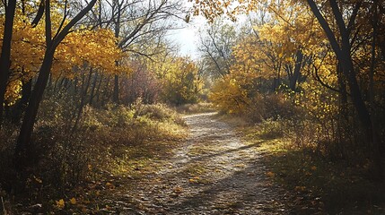 Naklejka premium Autumn Forest Path. Golden Sunlight in the Woods. Concept of Tranquility and Nature.