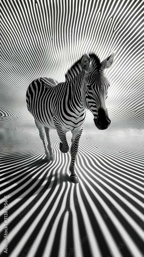 Poster a black-and-white image of a zebra standing in a room with a patterned floor