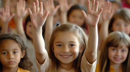 Fototapeta premium A group of school children eagerly raising their hands in class.