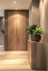 Plant-filled wood-accented hall