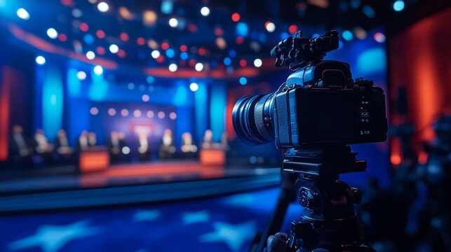 Realistic, close-up of a cameraman adjusting his lens during a heated presidential debate, vibrant background colors