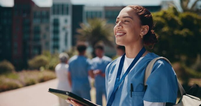 Happy woman, outdoor and tablet as medical student for education, thinking and learning in clinic. Female person, smile and tech for connection, internet and planning in university campus or hospital