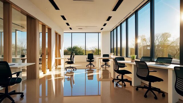Modern Open-Concept Office Space with Large Windows, Natural Light, and Minimalist Design

