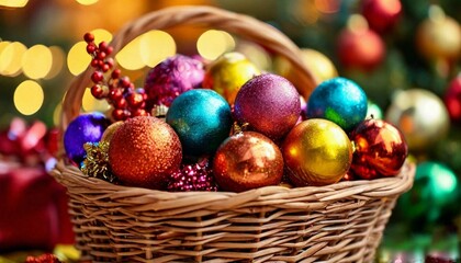 Bright Christmas decorations in a basket