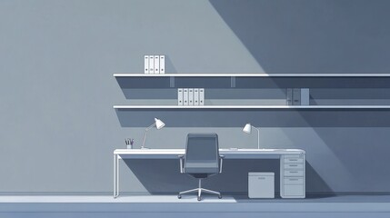 Minimalist office with desk, shelves and chair.