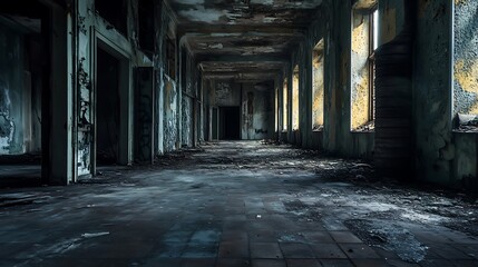 Abandoned Hospital Corridor, Decay and Ruin. Concept of desolation, neglect, and forgotten history.