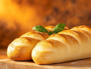 Naklejka premium Freshly baked bread loaves with a sprig of basil on a wooden surface.