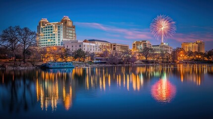 City skyline, firework, night, and lake reflections.