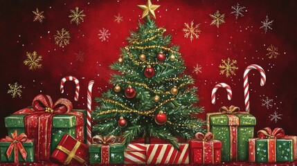 Obraz premium Christmas greetings vector background design. Christmas greeting text with pine tree, candy cane and gift boxes ornaments and decoration elements in red elegant background. 