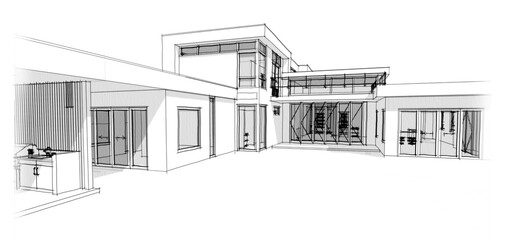 Architectural conceptual sketching, design. Graphic drawings of house project. Perspective view of residential building.