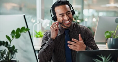 Call center, customer service and laughing with laptop for loan advice, payment processing and funny client. Inbound assistance, man or communication on headset for friendly CRM support and help desk