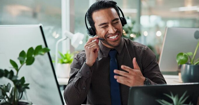 Call center, customer service and laughing with laptop for loan advice, payment processing and funny client. Inbound assistance, man or communication on headset for friendly CRM support and help desk