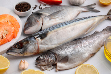 Fresh raw sea food and products on white tiled table