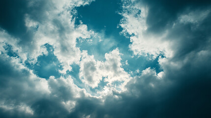 Dramatic Cloudscape  Sunbeams Through Cumulus Clouds  Heavenly Blue Sky