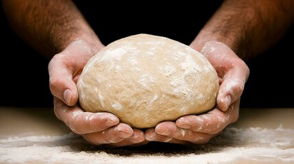 Obraz premium Hands holding a round ball of dough, dusted with flour on a surface.