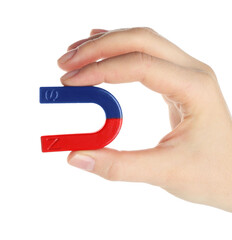 Woman with horseshoe magnet on white background, closeup