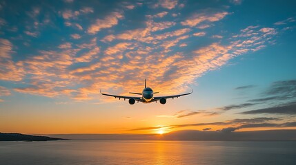 Fototapeta premium Airplane at Sunset over Ocean. Concept of Travel, Adventure, and Freedom.