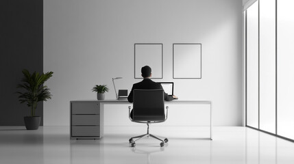 Modern Office Workspace  Businessman Working at Desk  Laptop  Minimalist Design