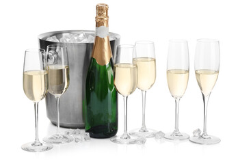 Champagne and bucket with ice isolated on white