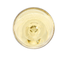 Champagne in glass isolated on white, top view