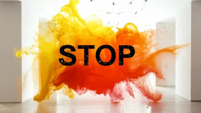 A colorful explosion with the word STOP written in black. The explosion is yellow, orange, and red
