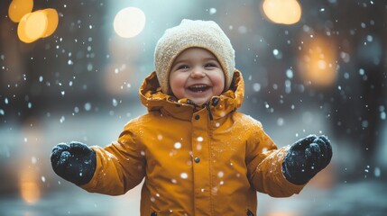 Joyful toddler in snow.
