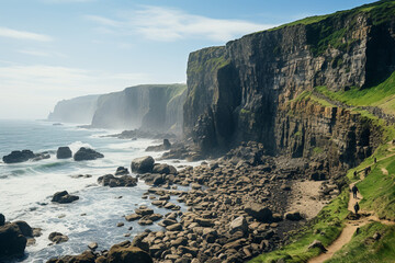 meeting point of cliffs and ocean represents constant interaction between water and rock,...