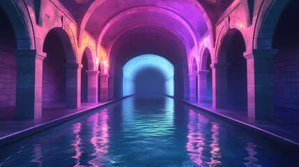 An ethereal, cavernous space with glowing lights and a reflective pool of water, suggesting an otherworldly or futuristic setting. Cavernous. Illustration