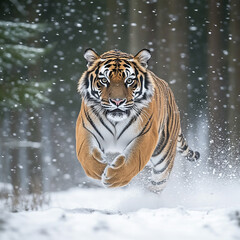 Obraz premium Majestic Tiger Running Through Winter Snow Wildlife Scene