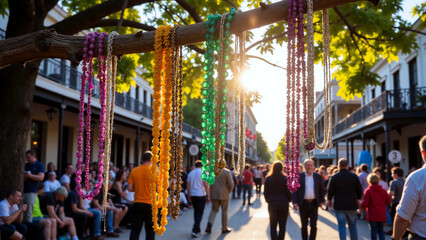 Naklejka premium Strings of colorful Mardi Gras beads hanging from a tree branch at sunset during festive street celebration, parade concept