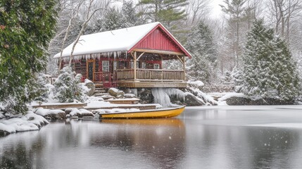 Snowy cabin with yellow canoe near frozen pond.